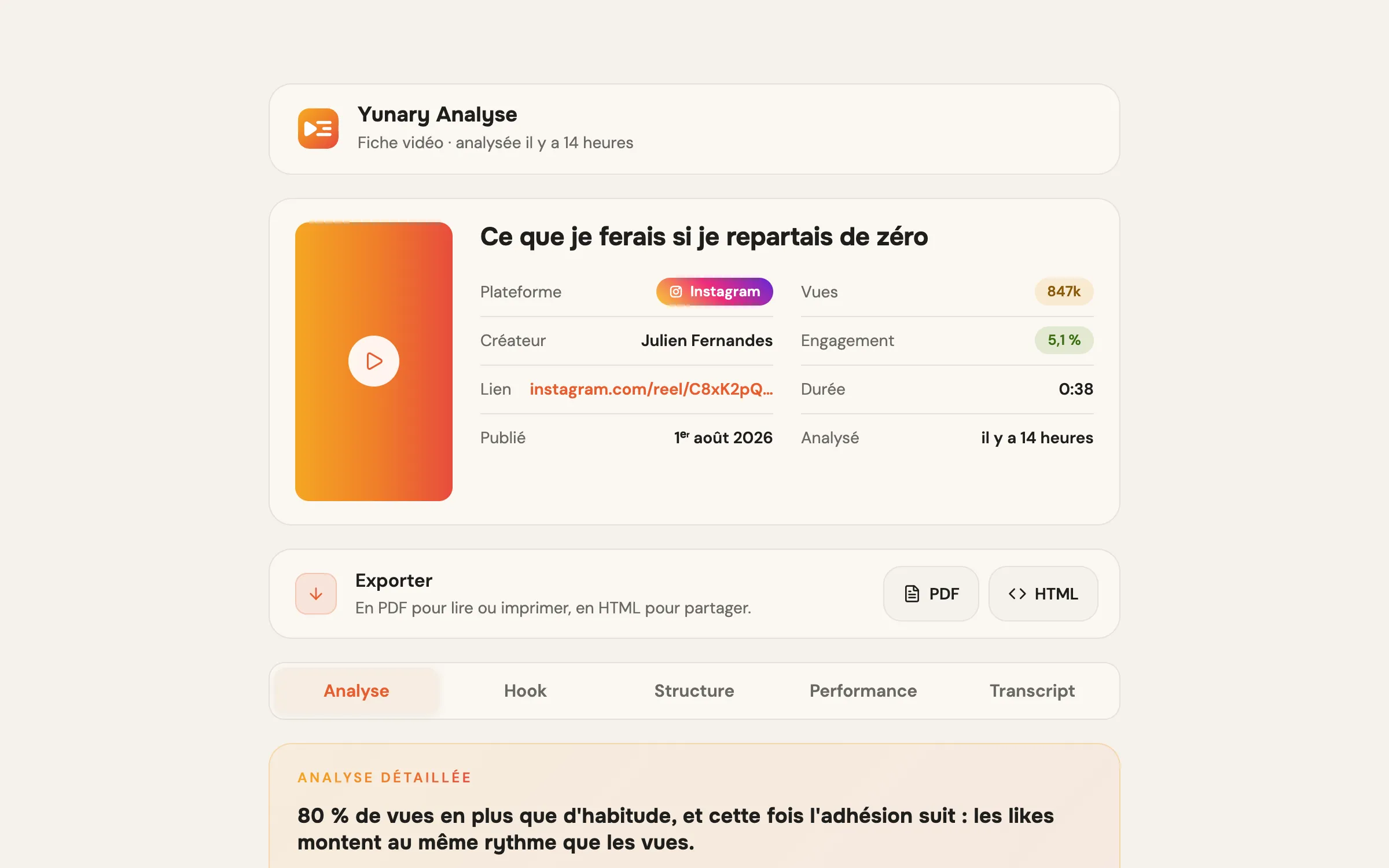 La fiche d'analyse d'une vidéo dans Yunary